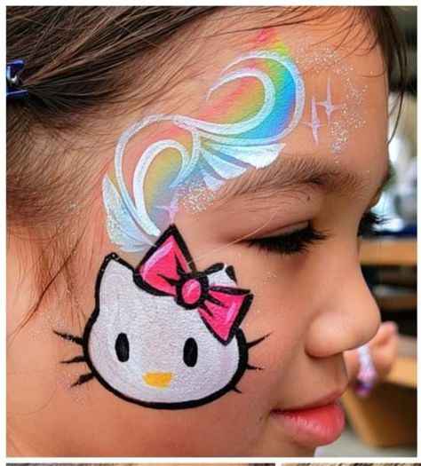 Sanrio Face Paint, Hello Kitty Face Painting, Hello Kitty Face Paint, Face Painting For Kids, Superhero Face Painting, Kitty Face Paint, Animal Face Paintings, Cheek Art, Girl Face Painting