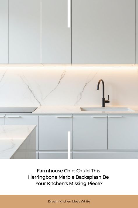 Rustic white kitchen with herringbone marble backsplash and farmhouse sink Herringbone Marble Backsplash, Dream Kitchen White, Marble Kitchen Backsplash, White Kitchen Design Ideas, Kitchen Ideas White, White Kitchen Inspiration, Dream Kitchen Ideas, White Kitchen Backsplash, Cabinets Countertops