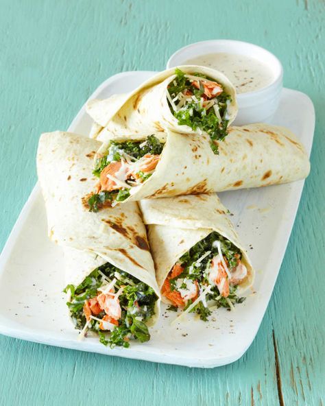 10 Balanced Dinners That Only Need Five Ingredients — Recipes from The Kitchn Healthy Caesar Wrap, Ceaser Salad Wrap Recipe, Salmon Ceasar Wrap, Salmon Ceasar Salad Recipe, Balanced Dinners, Kale Wraps, Things To Make For Dinner, Salmon Kale Caesar Salad, Simple Things To Make