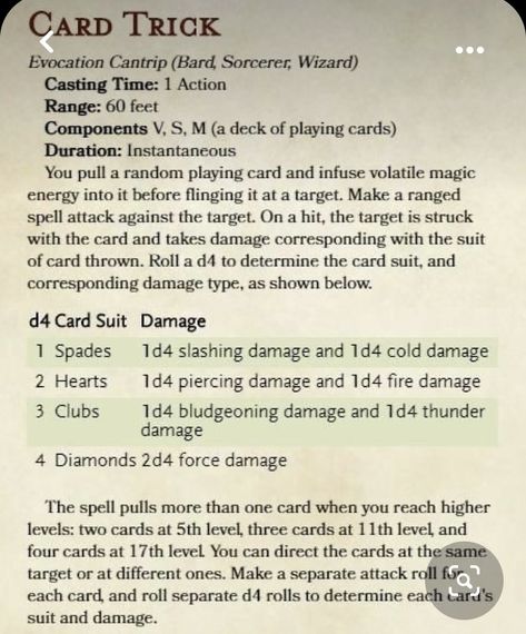 Dnd 5e Homebrew Cantrips, Cantrips 5e, Dnd Cantrips, Card Throwing, Dnd Cards, 5e Spells, Throwing Cards, Homebrew Spells, Dnd Spells