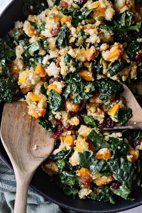 Crunchy Kale And Quinoa Winter Salad, Baked Kale Salad With Crispy Quinoa, Winter Quinoa Recipes, Hot Salad Recipes, Kale Butternut Squash Salad, Warm Grain Bowl, Specialty Salads, December Meals, Salad With Butternut Squash