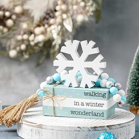 Amazon.com: Winter Home Decor Table Winter Centerpieces For Table, Wooden Book Stacks, Wooden Tiered Tray, Snowflake Table, Farmhouse Tabletop, Winter Centerpieces, Farmhouse Centerpiece, Home Decor Table, Wood Book