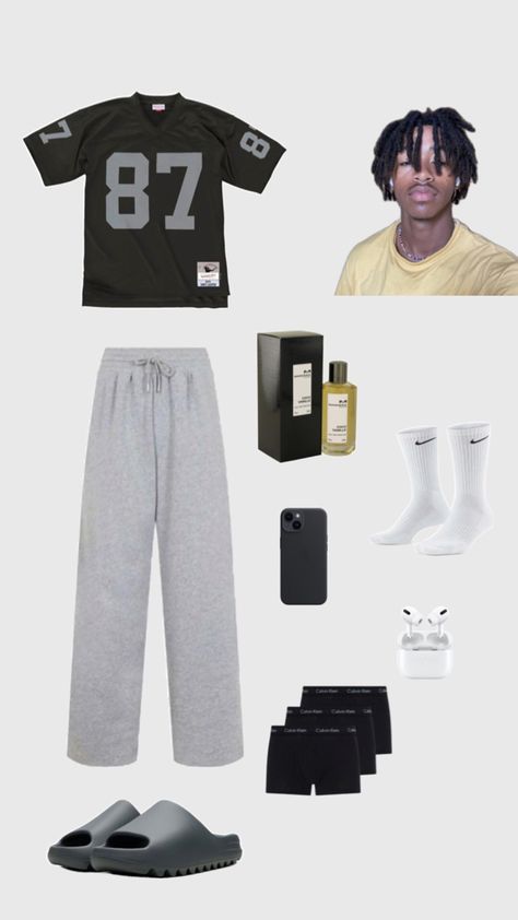 Baggy sweatpants,football jersey Cool Fits For Guys, Pjs Outfits Men, Mens Gym Outfits Style, Mens Cozy Outfits, Outfit Ideas For School Autumn, Calm Fits Men, Boy School Outfits, Chill Outfits Men, Fnl Fits