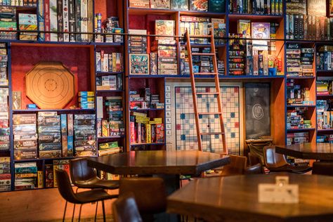 Dnd Room, Board Game Cafe, Game Cafe, Fantasy Shop, Board Game Organization, Cat Cafe, Game Store, Cafe Interior, Brand Identity Design