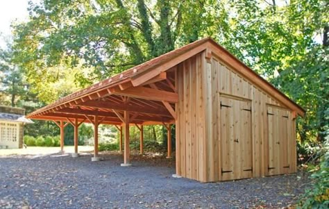 Mid Atlantic TimberFrames carport and potting shed. For more, contact Jack@LogHomesByJack.com at 800 767-4916 Tractor Shed Ideas, Timber Frame Carport, Industrial Tables, Carport Sheds, Carport Plans, Car Barn, Backyard Buildings, Carport Designs, Range Rovers