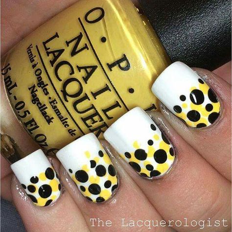 White Nails with Yellow and Black Dots by The Lacquerologist Yellow Black And White Nails, Black And Yellow Nails Design, Yellow And Black Nails, Black And Yellow Nails, Nails With Yellow, Fingernail Art, Black White Nails, Navy Nails, Black Manicure