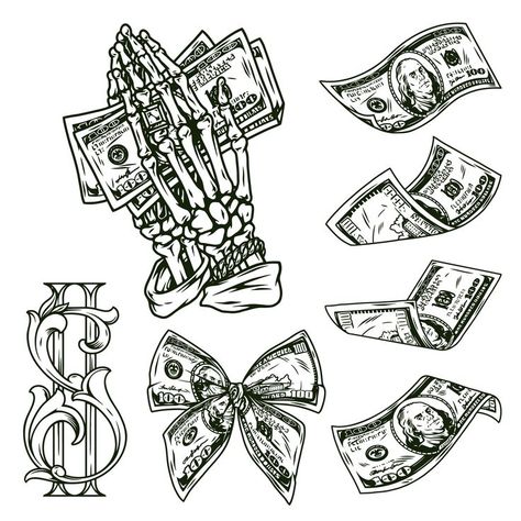 Cute Money Tattoo, Dollars Tattoo Design, Money Tattoo Ideas, Money Tattoo Designs, Tattoo Money, Money Bag Tattoo, Dollar Tattoo, Urban Tattoos, Bag Tattoo