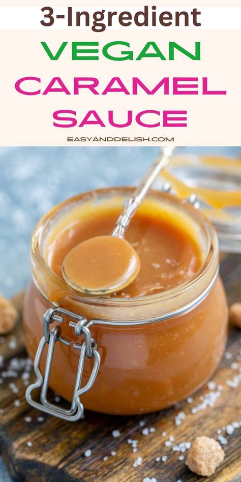 This easy Vegan Caramel Sauce is made with just 3 ingredients in 5 minutes. It makes a thick, creamy, smooth, and rich topping for ice cream and desserts, a dipping sauce for apples, and a great sweetener for coffee and lattes. Dairy Free Caramel Sauce, Vegan Sweet Treats, Dairy Free Caramel, Vegan Caramel Sauce, Gf Food, Caramel Recipes Sauce, Vegan Caramel, Vegan Bakery, Desserts Vegan