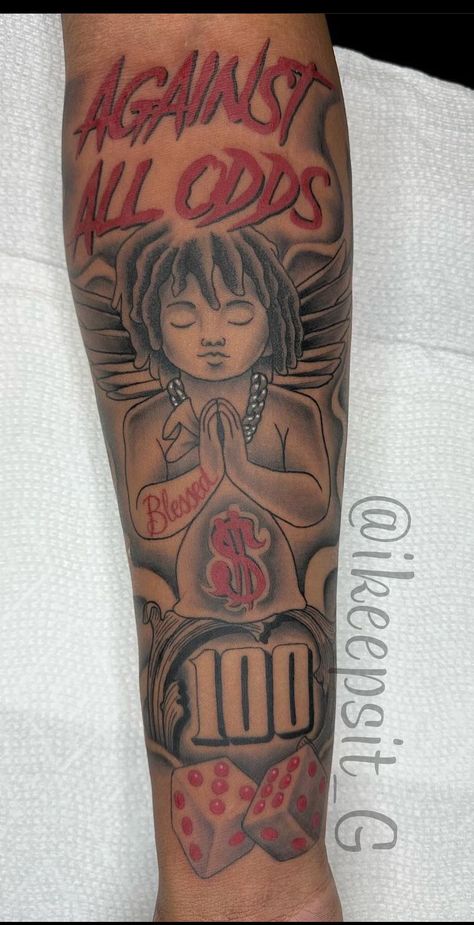 Money Motivation Tattoos, See Nothing Hear Nothing Say Nothing Tattoo, Tattoo Pictures Ideas, Kevin Gates Tattoos Ideas, Tattoos For Son For Men, Angel With Dreads Tattoo, Only Time Will Tell Tattoo, Golden Child Tattoo, Rip Tattoos For Men