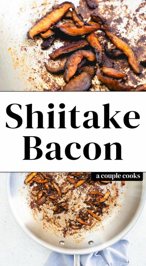 Cravings for smoky and salty are satisfied in this shiitake bacon recipe! Use this genius vegan mushroom bacon to top soups, salads, and more. #shiitake #mushroom #mushrooms #bacon #vegan #veganbacon #shiitakebacon #plantbased Homemade Cheese Pizza, Shiitake Bacon, Vegan Blt Sandwich, Mushroom Bacon, Vegan Brunch Recipes, Winning Recipes, A Couple Cooks, Tempeh Bacon, Chickpea Burger