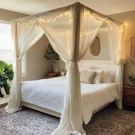 Transform Your Bedroom with a DIY Canopy Bed - Recipes Time Diy 4 Poster Bed Canopy, Adult Bed Canopy, Canopy Bed King, Diy Canopy Bed, Floating Canopy, Installing Curtain Rods, Four Post Bed, Bed King Size, Canopy Bed Diy