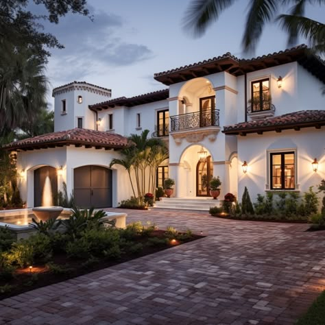 Villa in #Florida in Mediterranean style with light white and dark bronze furniture overlooking the calm sea and sky 🌴 ... ... ... #MediterraneanHouse #HomeSweetHome #MediterraneanStyle #BeautifulHome #NatureExterior #WarmTones #BeachStyle #InspiredPalm #Florida #PalmTree #SpanishStyle #TimlessView #CalmSea Mediterranean Hacienda Style Homes, One Floor Mediterranean House, Mediterranean Home Modern, Medditeranean Villa, Tuscan Mediterranean Homes, Meditterean House Exterior, Medditeranean House Exterior, Medatrainian House, Mediterian Houses