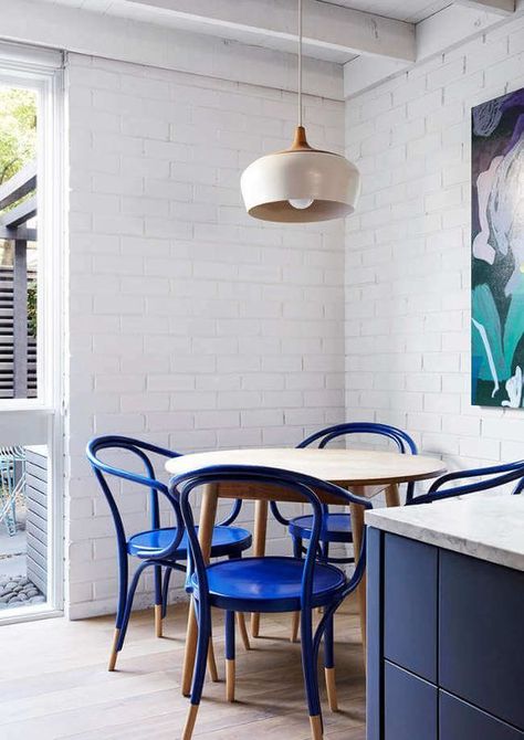 Cobalt blue dining chairs in navy and white modern kitchen Blue Chairs, Blue Notes, Blue Dining Chair, Compact Kitchen, White Modern Kitchen, Blue Chair, The Design Files, Cheap Decor, Wood Chair