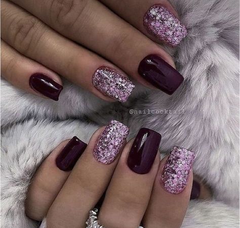 Cute Acrylic Nail Designs For Winter, Funky Elegant Nails, Plum Purple Nails Designs, Black Purple Orange Nails, Black And Pink Christmas Nails, Winter Glitter Nails Acrylic, February Gel Nail Colors, Eggplant Nails Designs, Matte Fall Nail Designs