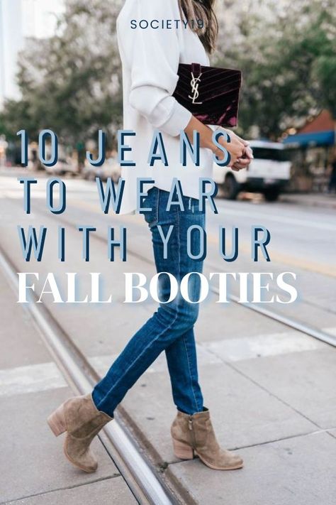 10 Jeans To Wear With Your Fall Booties - Society19 Western Booties Outfit, Ankle Boots Outfit Fall, Booties Outfit Fall, Jeans Booties Outfit, Ankle Boots With Jeans, Rolled Jeans, Autumn Shoes Women, Cute Ankle Boots, Ankle Cowboy Boots