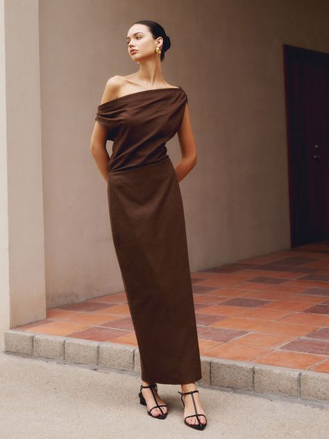 Cotton & Linen Asymmetrical Neck Dress Linen Autumn Dress, Elegance Moodboard, Brown Elegant Dress, Brown Wedding Guest Dress, Brown Dress Outfit, Chic Wedding Guest Outfit, Brown Evening Dress, Brown Summer Dress, Brown Linen Dress