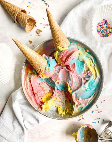 Colorful Paleo, Dairy Free Ice Cream | Color Kitchen  Image by: @gutsy_baker Whippy Ice Cream, Rainbow Sherbet Ice Cream, Rainbow Ice Cream Aesthetic, Beach Ice Cream Aesthetic, Superman Ice Cream, Ice Cream Beach Aesthetic, Cream Colored Kitchens, Unicorn Ice Cream, Cuisinart Ice Cream