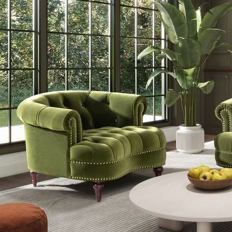 La Rosa 42" Victorian Tufted Upholstered Velvet Accent Chair - Bed Bath & Beyond - 16071520 Living Room Inspiration Green Couch, Vintage Chairs Living Room, Solarium Office, Greenhouse Solarium, Speakeasy Bars, Bookstore Ideas, Fantasy Room, Green Velvet Armchair, Green Velvet Chair