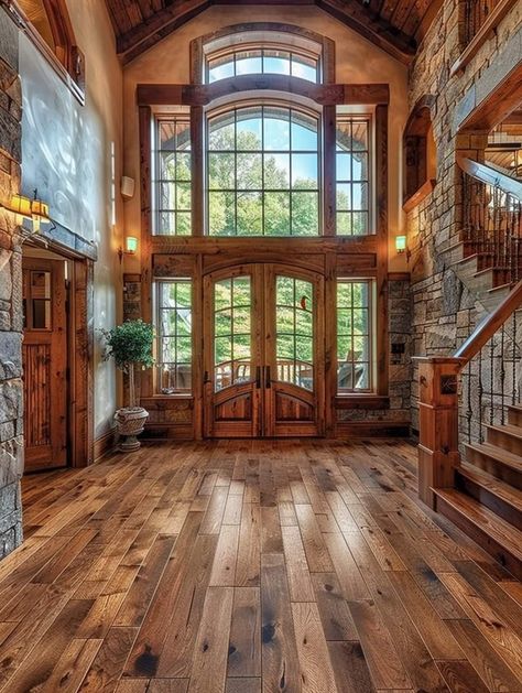 Log House Entryway, Log Cabin Entryway Ideas, Montana Ranch House Interior, Western Houses Ranch Style, Western House Exterior, Western Houses, Mountain Ranch Home, Rustic Mountain Homes, Log Houses