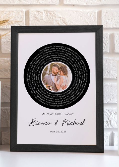 "This custom lyrics photo record print decor can be personalized with your favorite song lyrics or quotes.  This print decor is a memorable gift for weddings, anniversaries, engagements, or special occasions. After your purchase, please provide your font and color preferences in the personalization box along with your song lyric, vows, or quote selection. The proof of your custom record label print will be shared with you before preparing for shipment. The print will be shipped as is if there ar Vinyl Station, Song Lyric Wedding Signs, Wedding Song Picture Lyrics, Wedding Song Lyrics Art, Lyrics Photo, Custom Record, Wedding Lyrics, Couples Song Picture Frame, Record Print