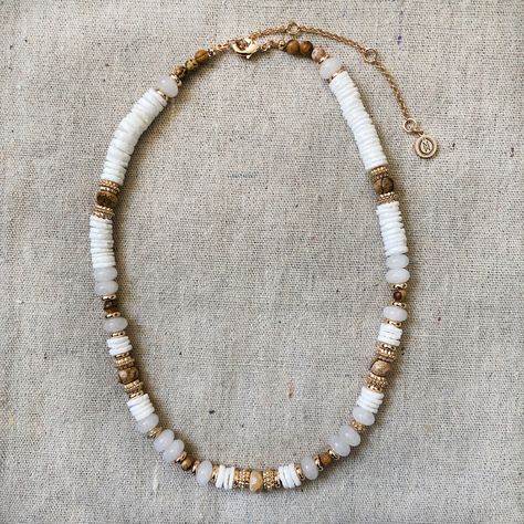 The Sea and Sand Necklace – Mementomoridesignsnyc Sand Necklace, Brass Beads, Jasper Beads, Jasper Stone, Stone Beads, The Sea, 18k Gold, Shells, Beaded Necklace