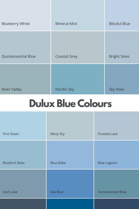 dulux blue colours, a colour chart showing a range of different Dulux blue paint wall colours with baby blue hues through to defining navy blue paint colours. Blue Colour Paint For Bedroom, Blue Shades Wall Paint, Dulux Quintessential Blue, Light Color For Bedroom, Dulux Oxford Blue, Dulux Blue Reflection, Dulux Dark Blue Paint, Indigo Shade Dulux Paint, Duck Egg Blue Dulux Paint