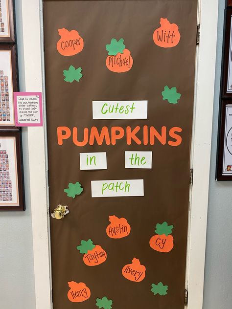 Classroom door decor Halloween Toddler Classroom Door Ideas, Halloween Door Decorations Classroom Kindergarten, Easy Fall Door Decorations Classroom, Pumpkin Classroom Decorations, Fall Door Decorations Classroom Infant, Pumpkin Patch Door Decorations Classroom, Pumpkin Door Decorations Classroom, Fall Classroom Door Ideas, Pumpkin Classroom Door