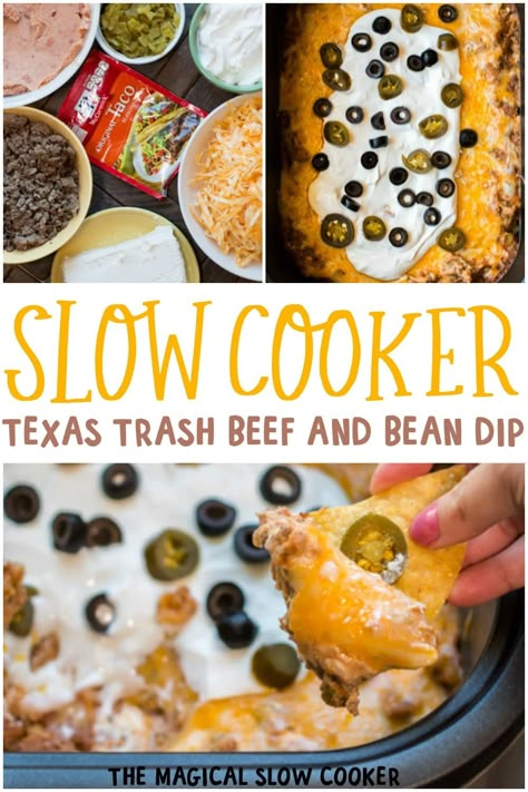 This Slow Cooker Texas Trash Beef and Bean Dip is extremely creamy and hearty, makes for the best game-day dip! #crockpot #gameday #beandip Dip Crockpot, Texas Trash, Magical Slow Cooker, Crock Pot Dips, Crockpot Appetizers, The Magical Slow Cooker, Party Sandwiches, Taco Dip, Bean Dip