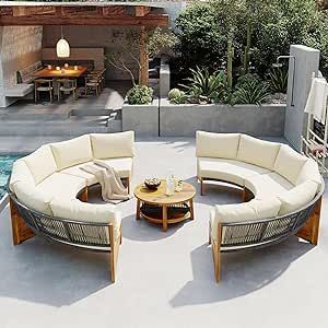 Quarte Outdoor Acacia Wood Round Sofa Set, Half-Moon Sectional Sets with Coffee Table,6-Person Seating Group for Garden, Deck (Beige/Half-Moon*A) Modern Outdoor Seating, Sofa Wood Frame, Sectional Patio Furniture, Conversation Sofa, Outdoor Seating Set, Outdoor Conversation Sets, Round Sofa, Outdoor Couch, Wood Patio