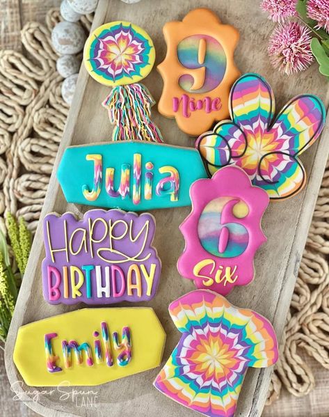 Tie Dye Party Ideas Birthdays, Pastel Tie Dye Birthday Party Ideas, Tie Dye Sugar Cookies, Tye Dye Birthday Party, Peace Out Single Digits Im 10 Cookies, Tye Dye Cookies, Tie Dye Party Decorations, Tie Dye Birthday Cookies Decorated, Tie Dye 3rd Birthday