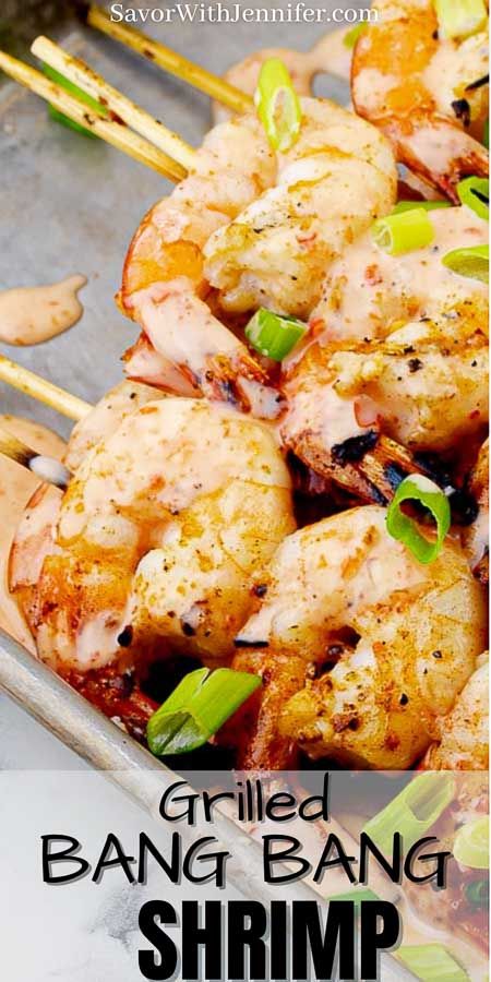 Grilled Bang Bang Shrimp is succulent and tender shrimp skewers that are brushed with a simple olive oil and garlic spice wet rub. Seared for just 2-3 minutes on each side and then drizzled with the most amazingly crave-able, scratch-made Bang Bang Sauce for an insanely easy and quick meal. #savorwithjennifer #bangbang #shrimp #grilled #barbecue #bonefish via @Savor With Jennifer Bangbang Shrimp, Family Dinner Chicken, Meals For Company, Bang Bang Sauce Recipe, Grilled Foil Packets, Healthy Dinner Meals, Bang Bang Shrimp Recipe, Shrimp Grilled, Shrimp Skewer Recipes