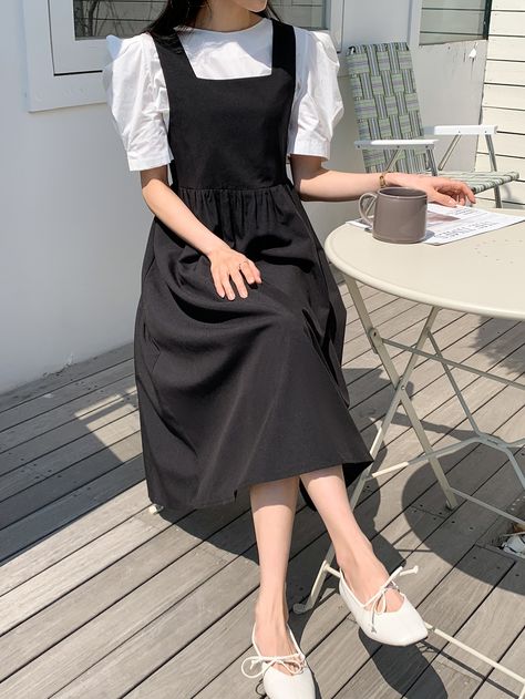 Black Casual  Sleeveless Polyester Plain Pinafore Embellished Non-Stretch  Women Dresses Dangri Dress Women, Dangri Dress, Modesty Outfits, Soft Gamine, Pinafore Dress, Slides Shoes, Overall Dress, Black Casual, Women Dresses