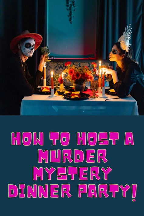 photo of two people dressed with skull fancy dress eating a candle lit dinner to depict hosting a murder mystery dinner party at home. How To Host A Mystery Dinner Party, Mystery Dinner Party Themes, Dinner Party At Home, Mystery Host, Housewarming Ideas, Dinner Party Planning, Mystery Hostess, Mystery Dinner Party, Dinner Games