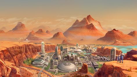 Human colony on terraformed Mars by Tiago da Silva for Terraformers game Mars Colony Projects, Mars City Concept Art, Sci Fi Colony, Terraformed Mars, Space Colony Concept, Mars City, John Berkey, Mars Colony, Terraforming Mars