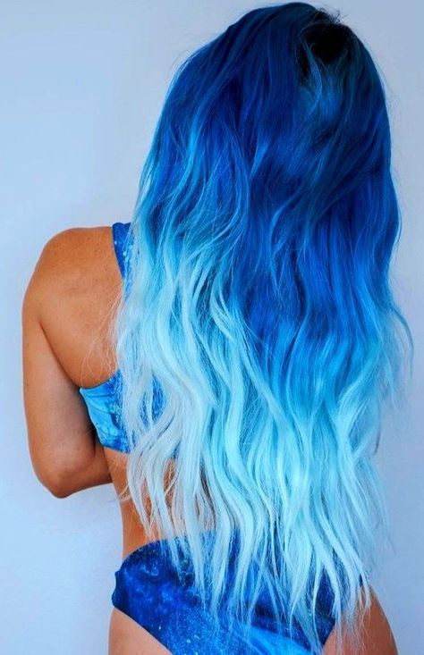 Colorful Hair For Blondes, Dyed Hair Purple And Blue, Dark Blue With Light Blue Highlights, Blue Flame Hair Color, Blue Hair Ideas For Blondes, Dark Blue To Light Blue Hair Ombre, Vivid Blue Hair, Blue Hair Ideas For Brunettes, Ocean Hair Color