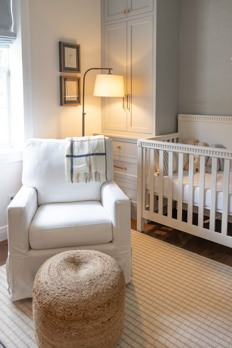 Combination Nursery And Office, Built Ins In Nursery, Neutral Chic Nursery, Nursery With Built In Bookshelves, Nursery Layout With Two Windows, Built Ins Nursery, Modern Transitional Nursery, Shaker Style Nursery, Nursery In Primary Bedroom