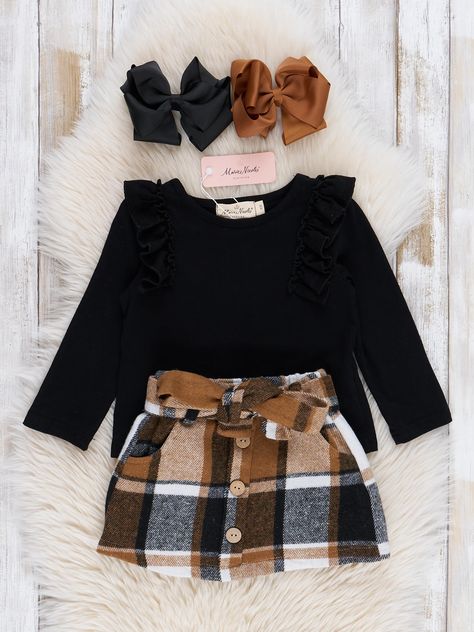 Tan Plaid Skirt, Ruffle Shoulder Top, Plaid Skirt Set, Flannel Skirt, Cotton Accessories, Comfortable Fits, Tan Plaid, Plaid Skirt, Autumn Season