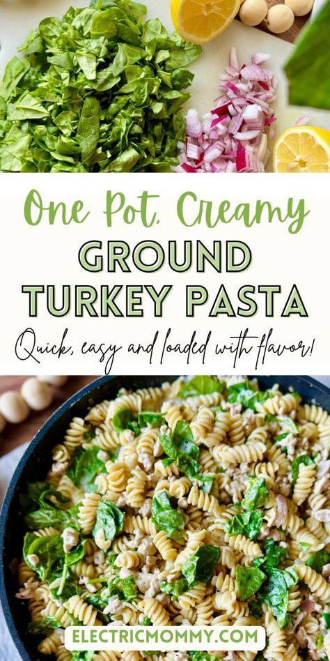 Creamy Ground Turkey Pasta (One Pot) - One Pot Pasta Recipes - Easy Weeknight Dinner Ideas - Family Dinner Ideas Ground Turkey Healthy Dinner Recipes, Ground Turkey Creamy Pasta, Ground Turkey Pasta White Sauce, Ground Turkey And Pasta Recipes Healthy, Pasta Ground Turkey Recipes, Ground Turkey Italian Recipes, Fast Ground Turkey Recipes, Ground Turkey Crock Pot Recipes, Ground Turkey And Noodles