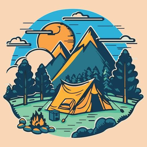 Tent Illustration Camping, Camping Vector Illustration, Camping Drawing Illustrations, Campsite Illustration, Camping Artwork, Scout Illustration, Camp Drawing, Campsite Design, Camping Background