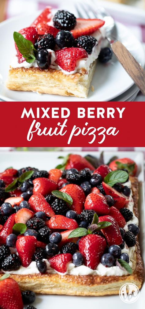 Refresh your dessert menu with this simple yet elegant Mixed Berry Fruit Pizza. Combining the lush flavors of berries and the rich, smooth texture of mascarpone cream atop a golden puff pastry, this recipe is bound to become a family favorite. Enjoy crafting this quick and delightful treat that’s perfect for any dessert table. Puff Pastry Fruit Pizza, Fruit Puff Pastry Dessert, Pillsbury Fruit Pizza, Fruit Pizza With Cream Cheese Frosting, Puff Pastry Fruit Tart, Fruit Salad Pizza, Cream Cheese Frosting For Fruit Pizza, Dessert Pizza Recipe Fruit, Berry Pizza