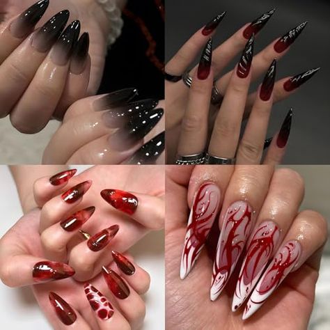 Halloween Nails, Halloween Press On Nails, 96 Pcs Bloody Burgundy Halloween Nails Art Set, Black Red Goth Press on Nails, Glossy Ballerina Nails for Women Vampire Themed Nails, Succubus Nails, Burgundy Halloween Nails, Halloween Nails Vampire, Messy Edges, Stiletto Shaped Nails, Red Goth, Nightmare Before Christmas Nails, Nails Glossy