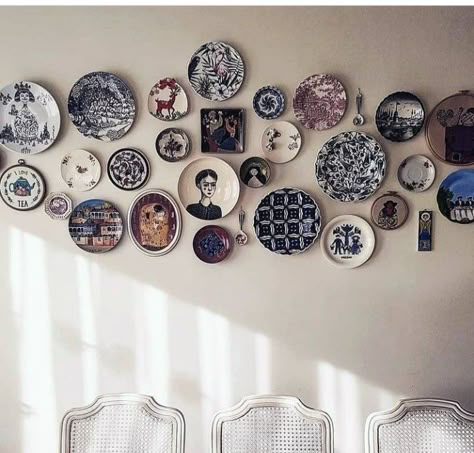 Plates On The Wall, Wall Of Plates, Colorful Plates On Wall, Silver Plates On Wall, Antique Plate Wall, Contemporary Plates On Wall, Hanging Plates On The Wall Ideas, Pottery Plates On Wall, Wall With Music Plates