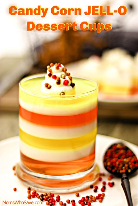 We Love This Fall Recipe -- Candy Corn JELL-O Dessert Cups   #fall #dessert #recipes #Halloween #Thanksgiving Dessert Recipes Halloween, Layer Jello, Thanksgiving Jello, Candy Corn Jello, Halloween Punch Recipes, Jello Dessert, Fall Dessert Recipes Easy, Layered Jello, Recipes Halloween