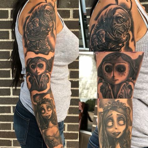 Coraline Tattoo Aesthetic, Coraline Sleeve Tattoo, Corpse Bride Tattoo, Bride Tattoo, Coraline Tattoo, Tim Burton Tattoo, G Tattoo, Mom Tattoo, Brides With Tattoos