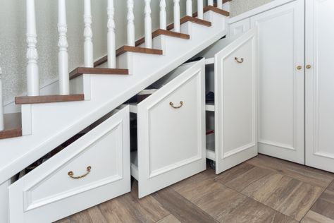 Staircase Landing Ideas, Staircase With Storage, Under Stairs Ideas, U Shaped Stairs, Stairs Storage Ideas, U Shaped Staircase, Cheap Basement Remodel, Space Under Stairs, Attic Makeover