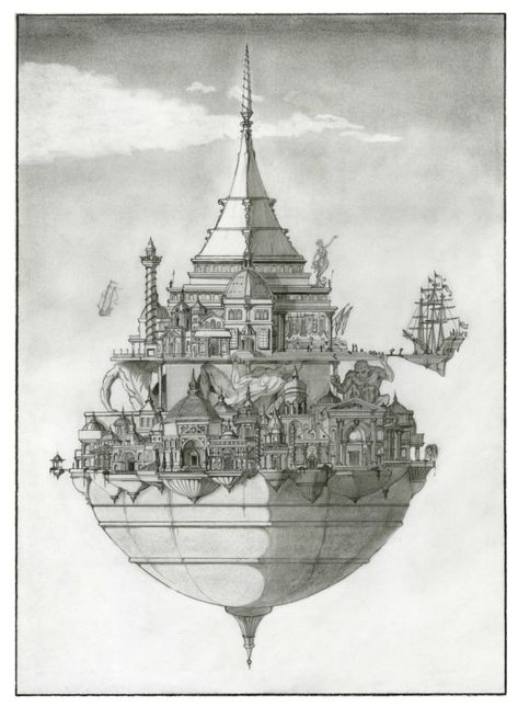 Floating City by bdominicano Floating City Concept Art, Futuristic City Drawing, Floating Temple, Island Drawing, City In The Sky, Floating Castle, Airship Art, Landscape Pencil Drawings, Isometric Drawing