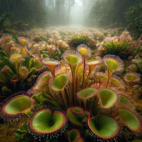 Step into a vast field filled with giant sundew plants, each as tall as a person. Their glistening leaves, covered in sticky, dew-like droplets, create a mesmerizing scene. These captivating plants showcase nature's incredible adaptability and beauty. #GiantSundews #NatureBeauty #BotanicalField #CarnivorousPlants #NatureLovers Plant Monsters, Carnivore Plants, Dangerous Plants, Sundew Plant, Art Homework, Plant Monster, Weird Plants, Warrior Cat Oc, Cat Oc