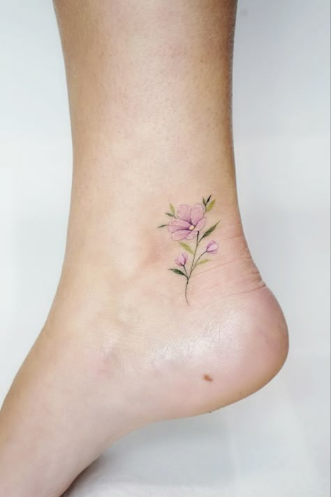 Flower Ankle Tattoo Color, Mini Flower Tattoos Color, Simple Flower Tattoo Color, Micro Floral Tattoo, Small Colour Flower Tattoo, Small Floral Tattoo Placement, Pastel Flower Tattoo, Flower Wings Tattoo, Coloured Flower Tattoo