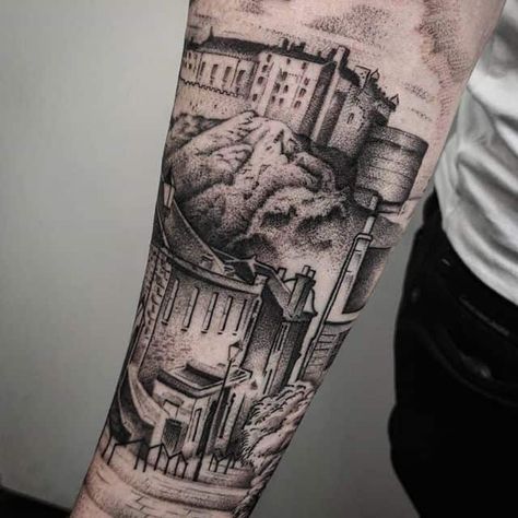 Xiii Tattoo, Scotland Tattoo, Scottish Tattoo, Tattoed Guys, Scottish Tattoos, Castle Tattoo, 13 Tattoos, Amazing Tattoos, Incredible Tattoos