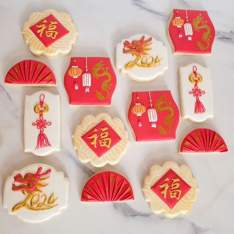 Happy Lunar New Year! #bantoboxbakes #sugarcookies #decoratedcookies #decoratedsugarcookies #customcookies #customsugarcookies #lasvegascookies #lasvegasbaker #lunarnewyear #yearofthedragon #chinesenewyear #lunarnewyearcookies #chinesenewyearcookies Chinese 100 Day Celebration, Lychee Dragon Cookie, Lunar New Year Treats, Chinese New Year Cookies Packaging, Chinese New Year Dragon Cookies Decorated, Chinese Birthday, Chinese New Year Cookies, Dragon Cookies, New Years Dinner